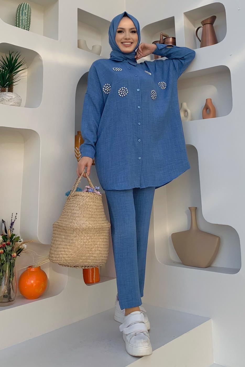 Tesettür giyim MAVİ TAŞ DETAYLI DÜĞMELİ İKİLİ PANTOLONLU TAKIM T 3048