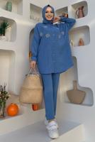 Tesettür giyim MAVİ TAŞ DETAYLI DÜĞMELİ İKİLİ PANTOLONLU TAKIM T 3048