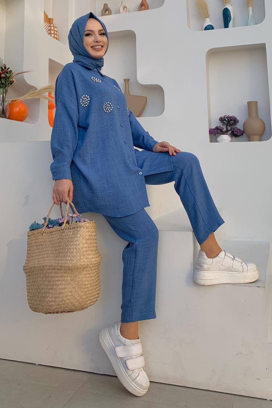 Tesettür giyim MAVİ TAŞ DETAYLI DÜĞMELİ İKİLİ PANTOLONLU TAKIM T 3048