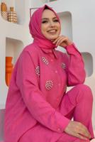 Tesettür giyim FUŞYA TAŞ DETAYLI DÜĞMELİ İKİLİ PANTOLONLU TAKIM T 3048