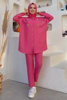 Tesettür giyim FUŞYA TAŞ DETAYLI DÜĞMELİ İKİLİ PANTOLONLU TAKIM T 3048