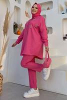 Tesettür giyim FUŞYA TAŞ DETAYLI DÜĞMELİ İKİLİ PANTOLONLU TAKIM T 3048