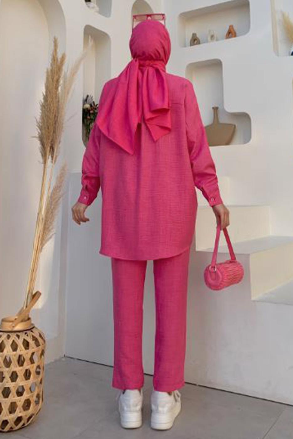 Tesettür giyim FUŞYA TAŞ DETAYLI DÜĞMELİ İKİLİ PANTOLONLU TAKIM T 3048