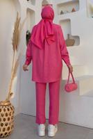 Tesettür giyim FUŞYA TAŞ DETAYLI DÜĞMELİ İKİLİ PANTOLONLU TAKIM T 3048