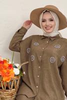 Tesettür giyim KAHVE TAŞ DETAYLI DÜĞMELİ İKİLİ PANTOLONLU TAKIM T 3048