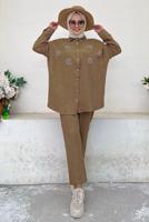 Tesettür giyim KAHVE TAŞ DETAYLI DÜĞMELİ İKİLİ PANTOLONLU TAKIM T 3048