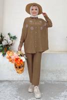 Tesettür giyim KAHVE TAŞ DETAYLI DÜĞMELİ İKİLİ PANTOLONLU TAKIM T 3048