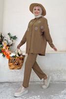 Tesettür giyim KAHVE TAŞ DETAYLI DÜĞMELİ İKİLİ PANTOLONLU TAKIM T 3048