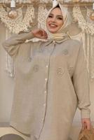 Tesettür giyim VİZON TAŞ DETAYLI DÜĞMELİ İKİLİ PANTOLONLU TAKIM T 3048