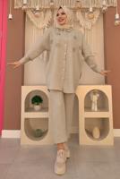 Tesettür giyim VİZON TAŞ DETAYLI DÜĞMELİ İKİLİ PANTOLONLU TAKIM T 3048