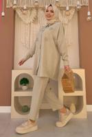 Tesettür giyim VİZON TAŞ DETAYLI DÜĞMELİ İKİLİ PANTOLONLU TAKIM T 3048