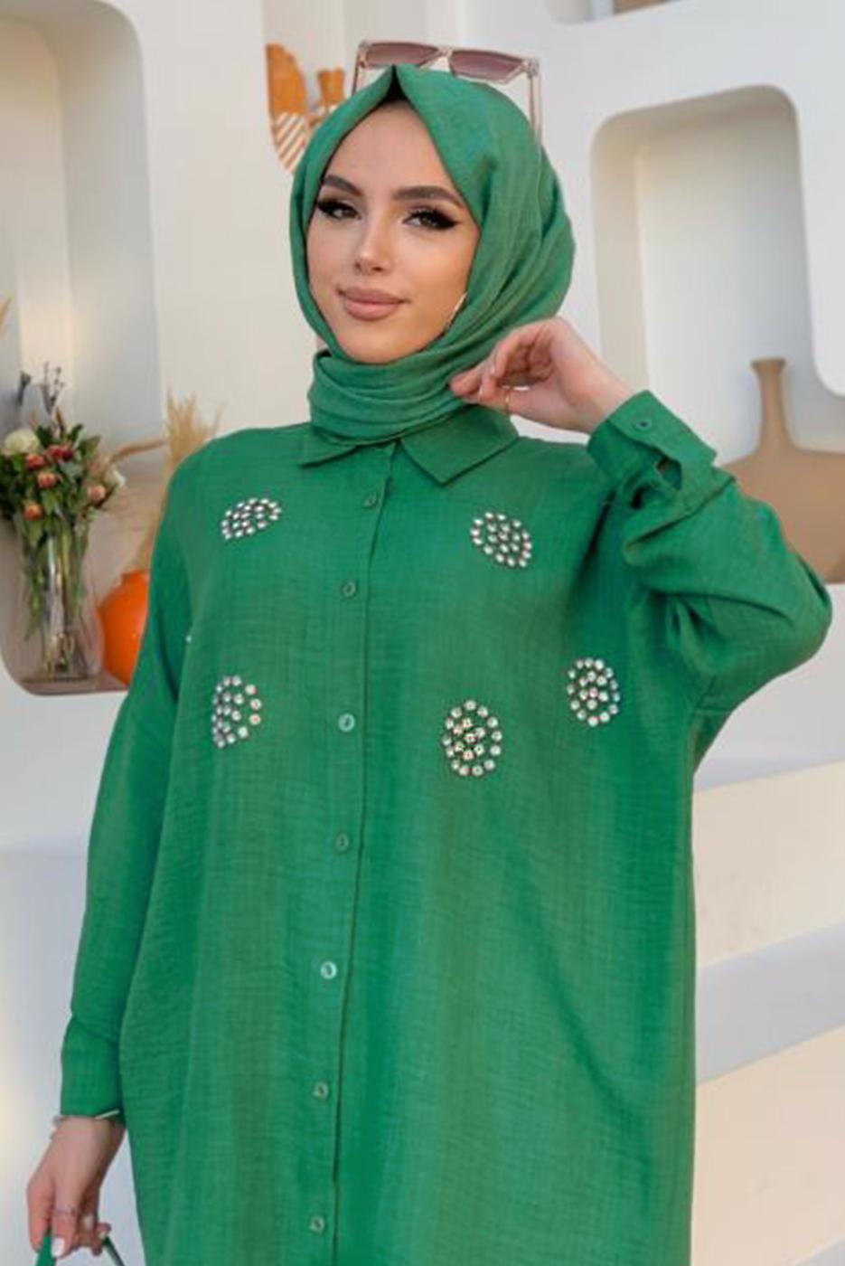 Tesettür giyim YEŞİL TAŞ DETAYLI DÜĞMELİ İKİLİ PANTOLONLU TAKIM T 3048