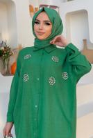 Tesettür giyim YEŞİL TAŞ DETAYLI DÜĞMELİ İKİLİ PANTOLONLU TAKIM T 3048