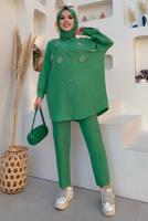 Tesettür giyim YEŞİL TAŞ DETAYLI DÜĞMELİ İKİLİ PANTOLONLU TAKIM T 3048