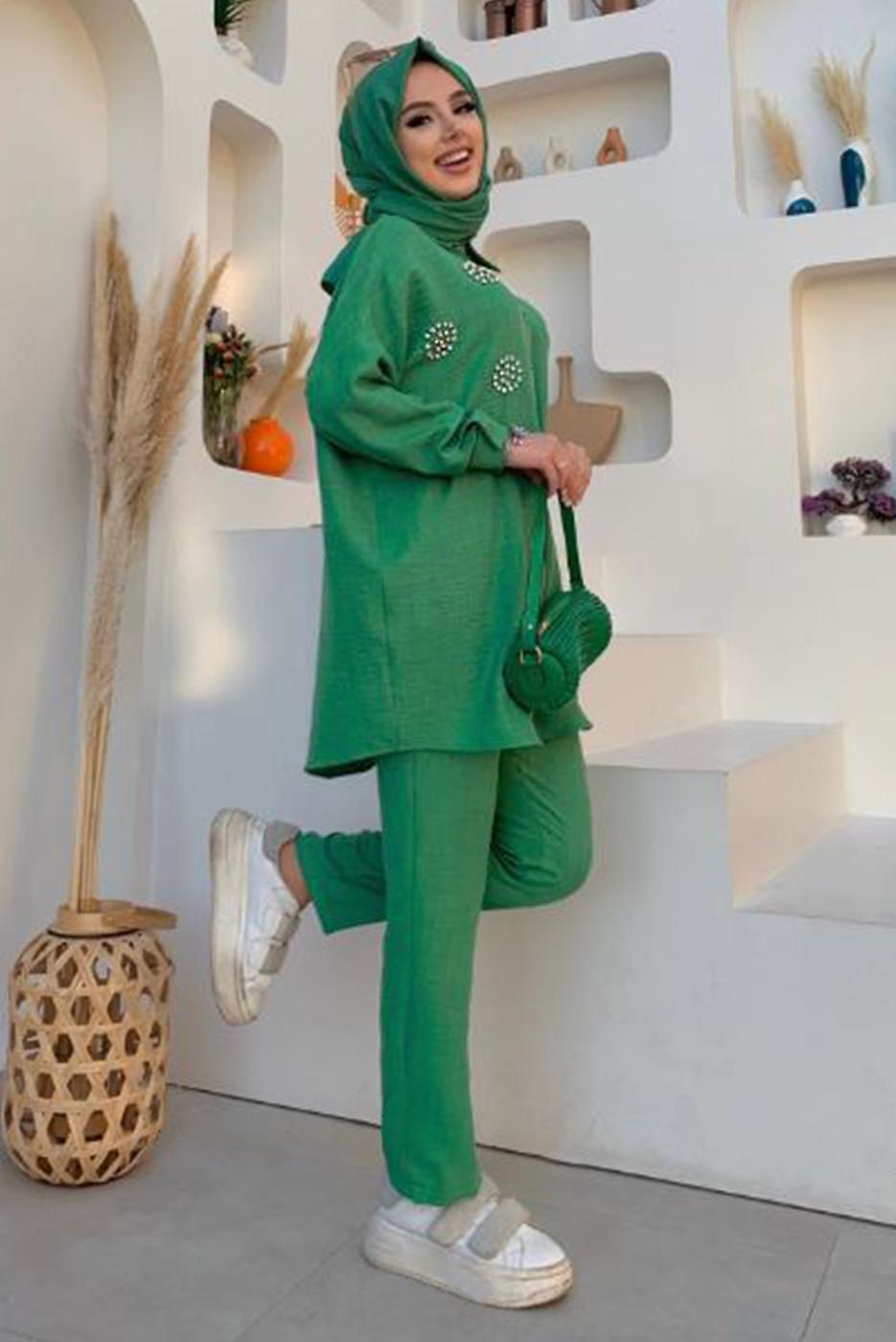 Tesettür giyim YEŞİL TAŞ DETAYLI DÜĞMELİ İKİLİ PANTOLONLU TAKIM T 3048