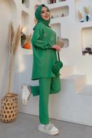 Tesettür giyim YEŞİL TAŞ DETAYLI DÜĞMELİ İKİLİ PANTOLONLU TAKIM T 3048