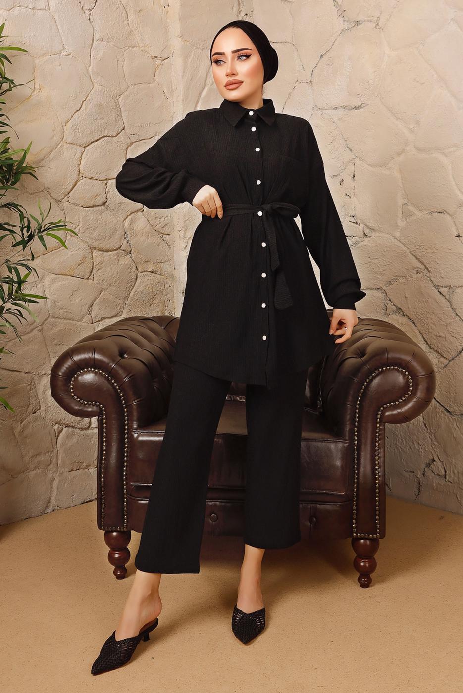 Vêtements hijab NOIR ENSEMBLE PANTALON 2 PIÈCES AVEC CEINTURE ET BOUTONS T 4492