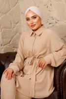 Vêtements hijab BEIGE ENSEMBLE PANTALON 2 PIÈCES AVEC CEINTURE ET BOUTONS T 4492