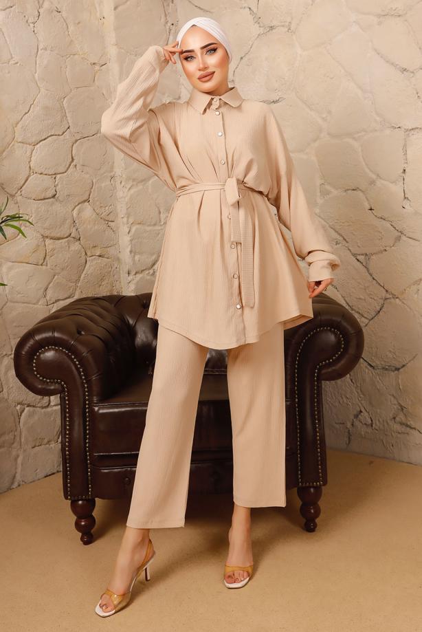 Vêtements hijab  BUTTONED BELTED 2-PIECE PANT SUIT T 4492 - TRENDTESETTÜR