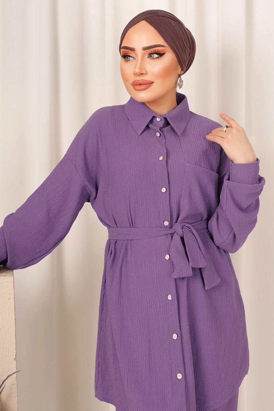 Tesettür giyim MOR DÜĞMELİ KUŞAKLI İKİLİ PANTOLONLU TAKIM T 4492
