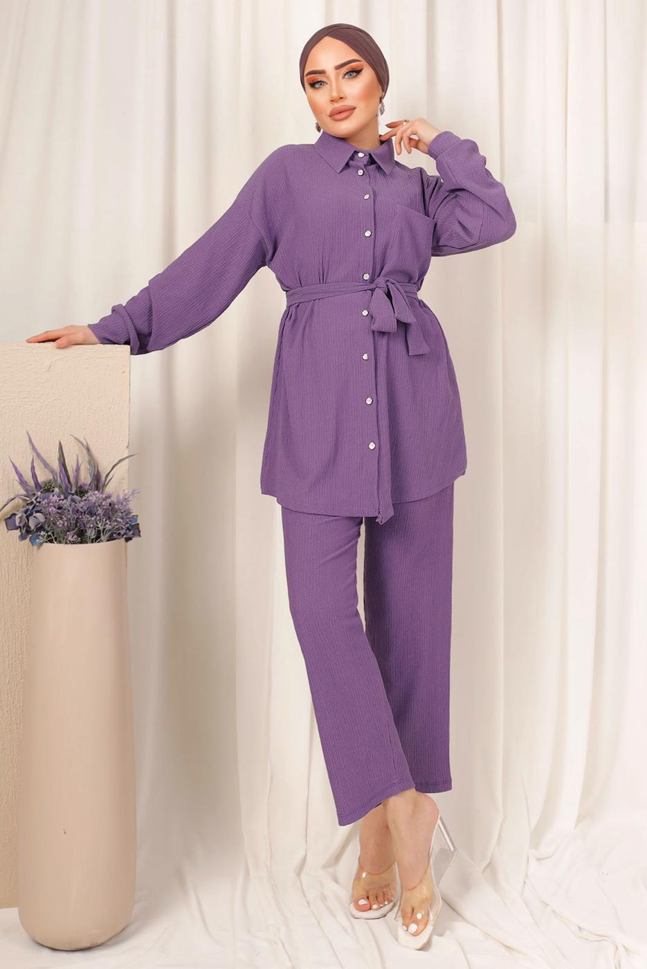 Tesettür giyim MOR DÜĞMELİ KUŞAKLI İKİLİ PANTOLONLU TAKIM T 4492