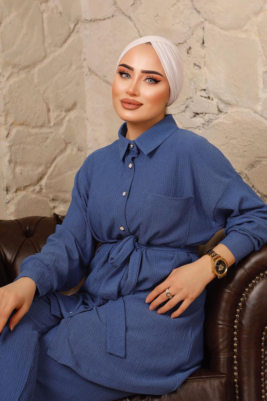 Hijab clothing NAVY BLUE BUTTONED BELTED 2-PIECE PANT SUIT T 4492