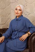 Hijab clothing NAVY BLUE BUTTONED BELTED 2-PIECE PANT SUIT T 4492
