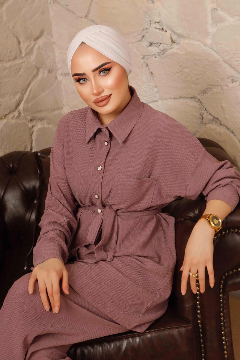 Tesettür giyim PEMBE DÜĞMELİ KUŞAKLI İKİLİ PANTOLONLU TAKIM T 4492