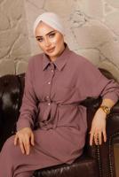Tesettür giyim PEMBE DÜĞMELİ KUŞAKLI İKİLİ PANTOLONLU TAKIM T 4492