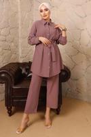 Tesettür giyim PEMBE DÜĞMELİ KUŞAKLI İKİLİ PANTOLONLU TAKIM T 4492