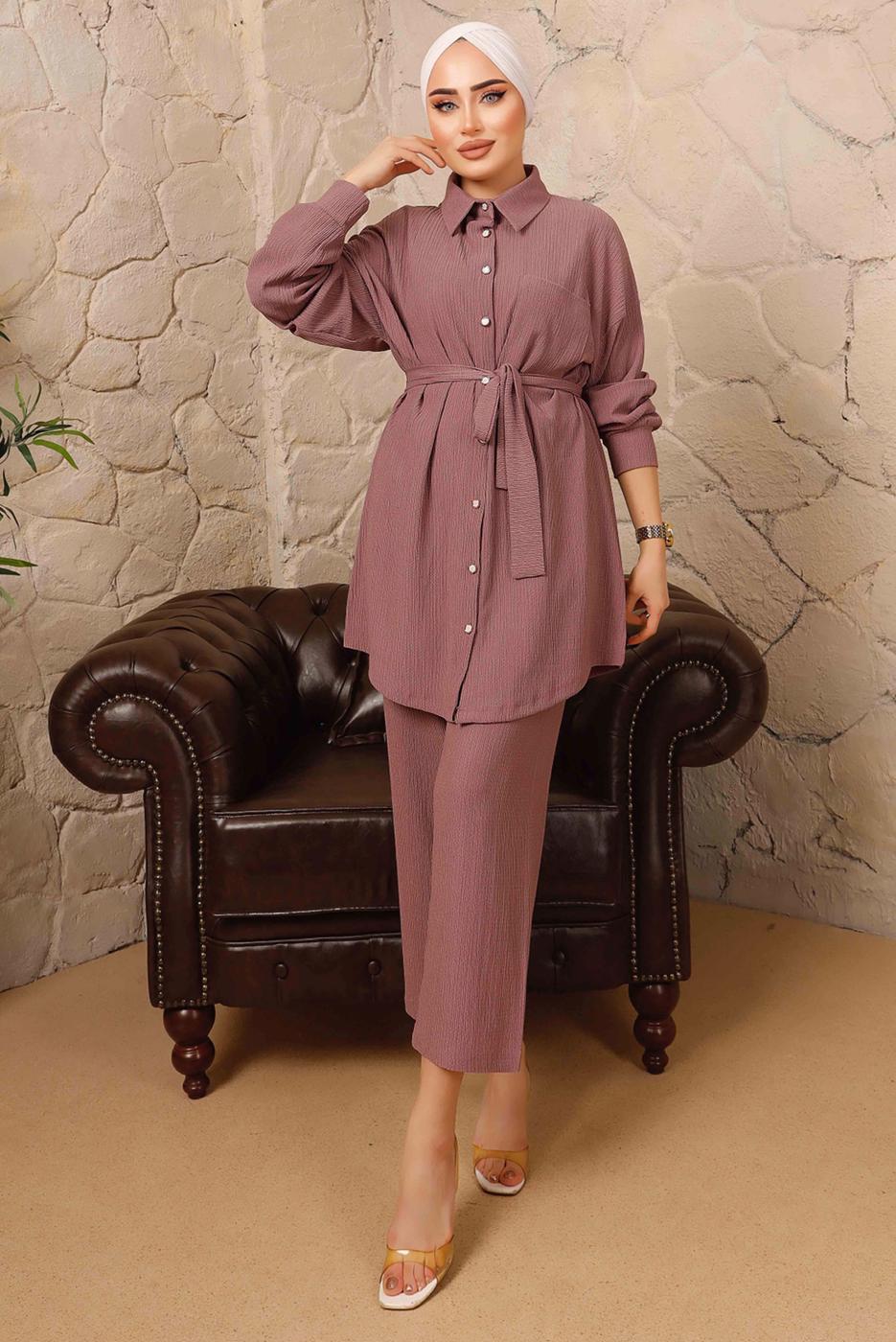 Tesettür giyim PEMBE DÜĞMELİ KUŞAKLI İKİLİ PANTOLONLU TAKIM T 4492