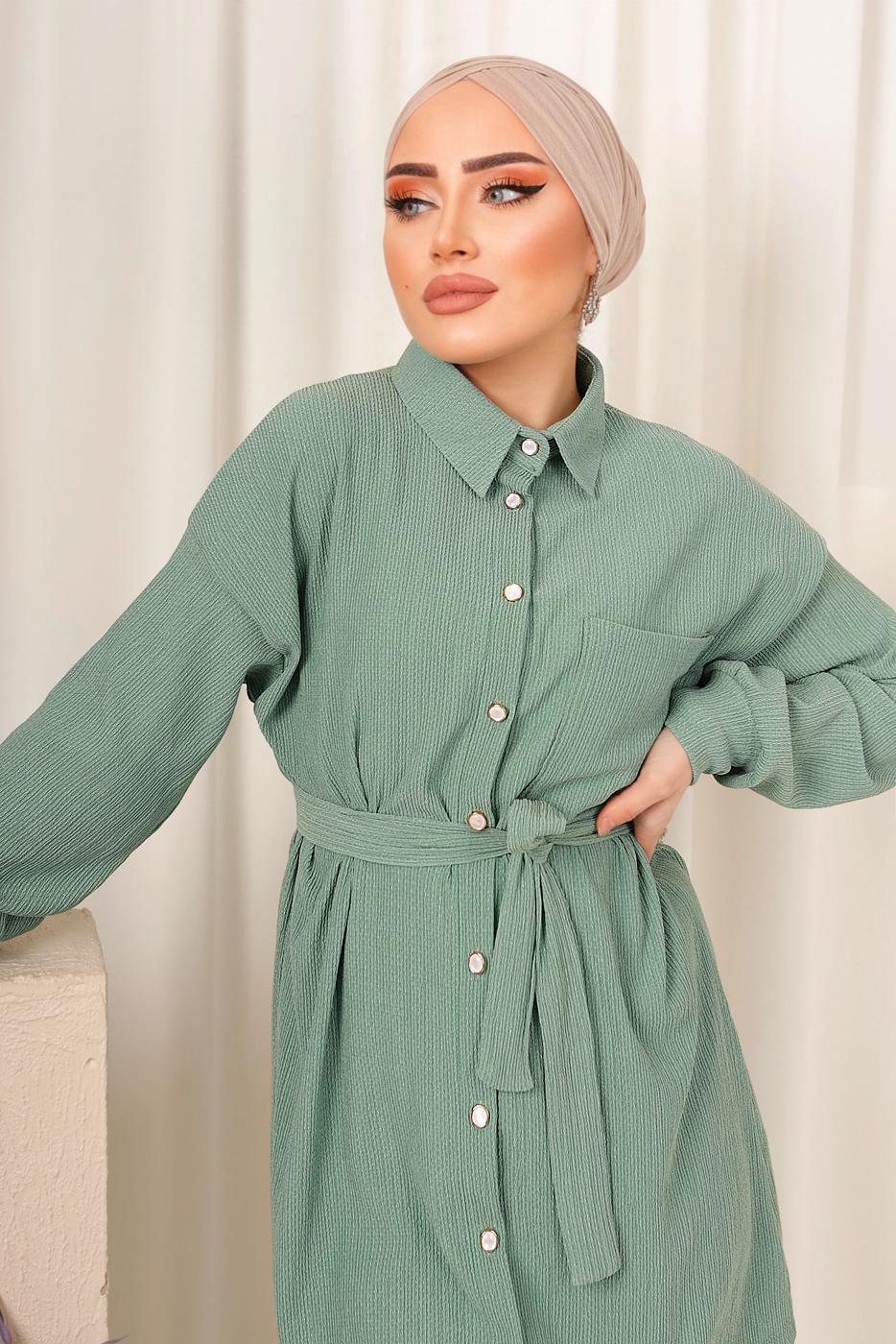 Tesettür giyim YEŞİL DÜĞMELİ KUŞAKLI İKİLİ PANTOLONLU TAKIM T 4492