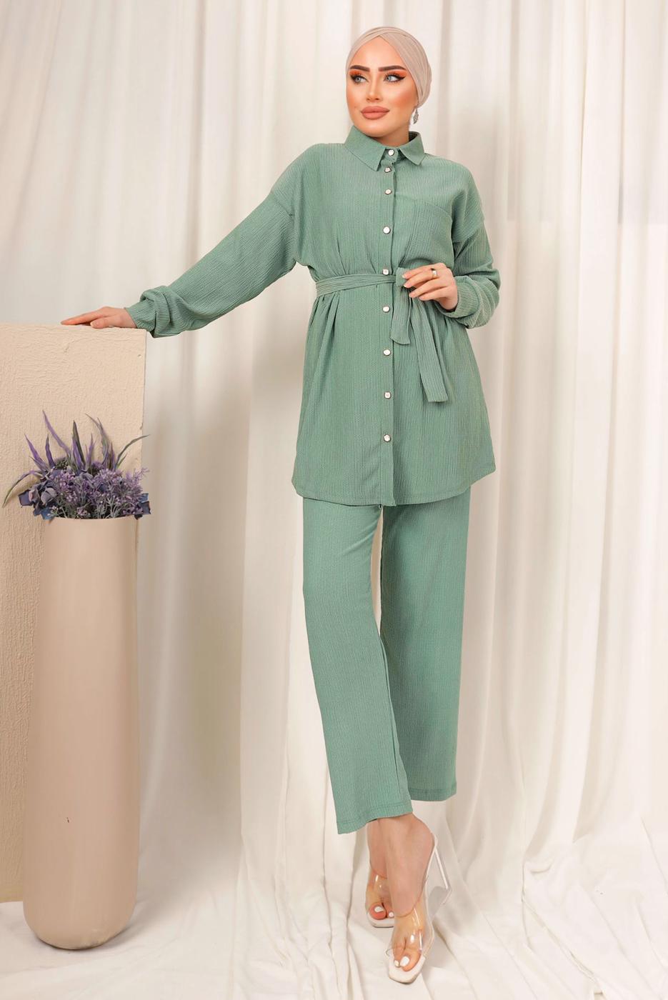 Tesettür giyim YEŞİL DÜĞMELİ KUŞAKLI İKİLİ PANTOLONLU TAKIM T 4492