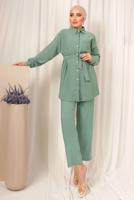 Tesettür giyim YEŞİL DÜĞMELİ KUŞAKLI İKİLİ PANTOLONLU TAKIM T 4492