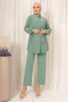 Tesettür giyim YEŞİL DÜĞMELİ KUŞAKLI İKİLİ PANTOLONLU TAKIM T 4492