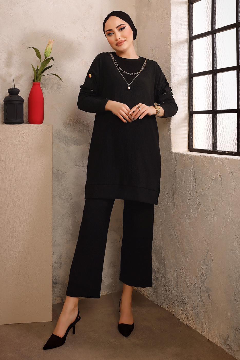 Tesettür giyim SİYAH DÜĞME DETAYLI ZİNCİRLİ İKİLİ PANTOLON TAKIMI T 5492