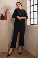 Tesettür giyim SİYAH DÜĞME DETAYLI ZİNCİRLİ İKİLİ PANTOLON TAKIMI T 5492
