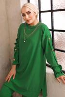 Tesettür giyim YEŞİL DÜĞME DETAYLI ZİNCİRLİ İKİLİ PANTOLON TAKIMI T 5492