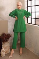 Tesettür giyim YEŞİL DÜĞME DETAYLI ZİNCİRLİ İKİLİ PANTOLON TAKIMI T 5492