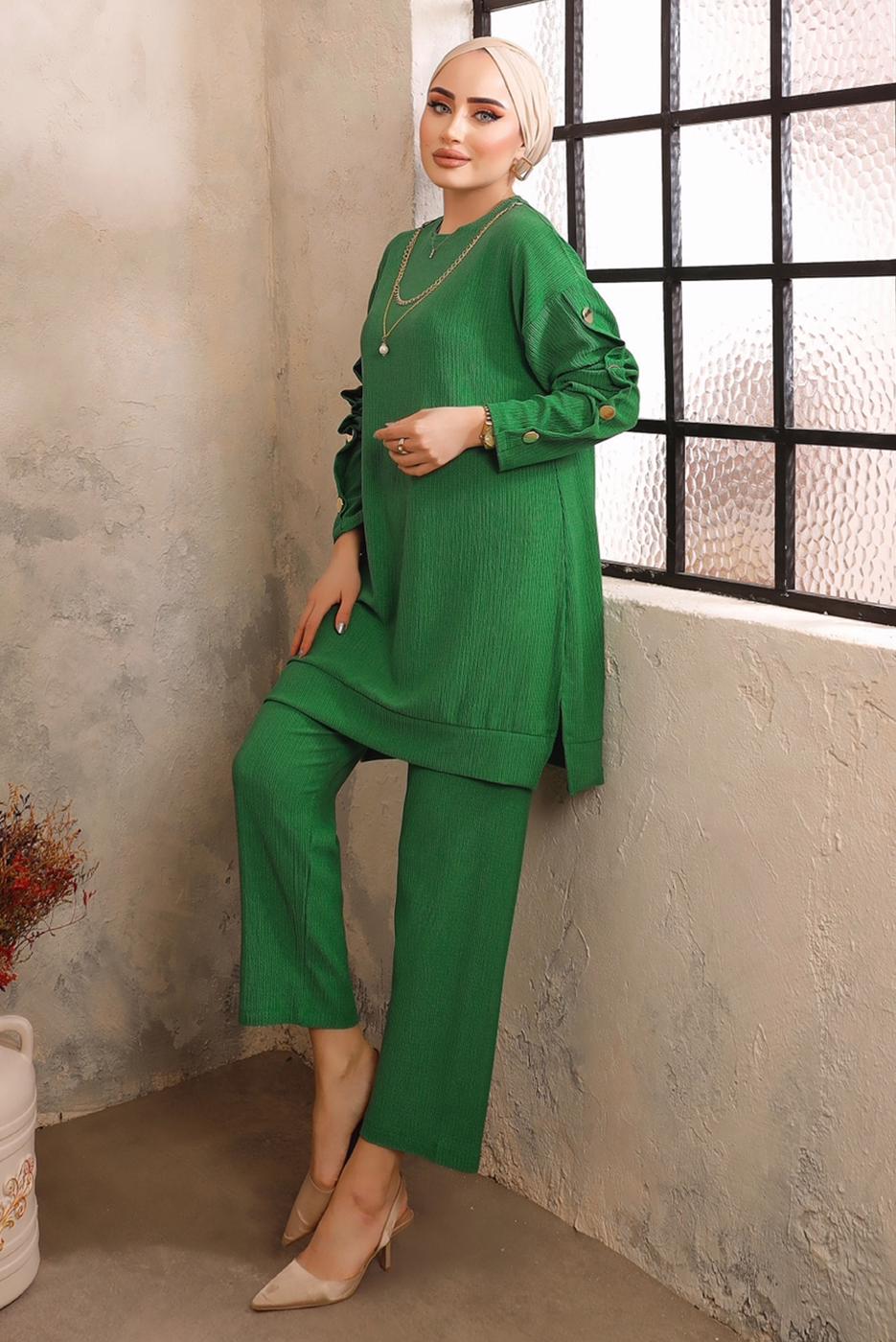 Tesettür giyim YEŞİL DÜĞME DETAYLI ZİNCİRLİ İKİLİ PANTOLON TAKIMI T 5492