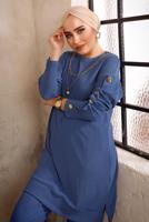 Tesettür giyim LACİVERT DÜĞME DETAYLI ZİNCİRLİ İKİLİ PANTOLON TAKIMI T 5492