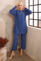 Tesettür giyim LACİVERT DÜĞME DETAYLI ZİNCİRLİ İKİLİ PANTOLON TAKIMI T 5492