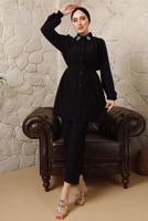 Tesettür giyim SİYAH YAKASI BROŞLU BÜRÜMCÜK İKİLİ PANTOLONLU TAKIM T 60003