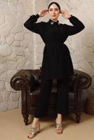 Tesettür giyim SİYAH YAKASI BROŞLU BÜRÜMCÜK İKİLİ PANTOLONLU TAKIM T 60003