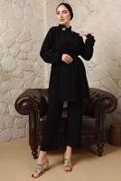 Tesettür giyim SİYAH YAKASI BROŞLU BÜRÜMCÜK İKİLİ PANTOLONLU TAKIM T 60003