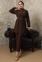 Hijab clothing BROWN BROOCH DETAILED ON COLLAR 2-PIECE PANTS SUIT T 60003