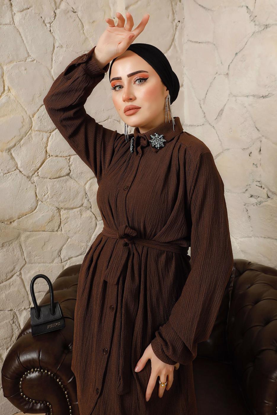 Hijab clothing BROWN BROOCH DETAILED ON COLLAR 2-PIECE PANTS SUIT T 60003