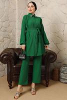 Tesettür giyim YEŞİL YAKASI BROŞLU BÜRÜMCÜK İKİLİ PANTOLONLU TAKIM T 60003