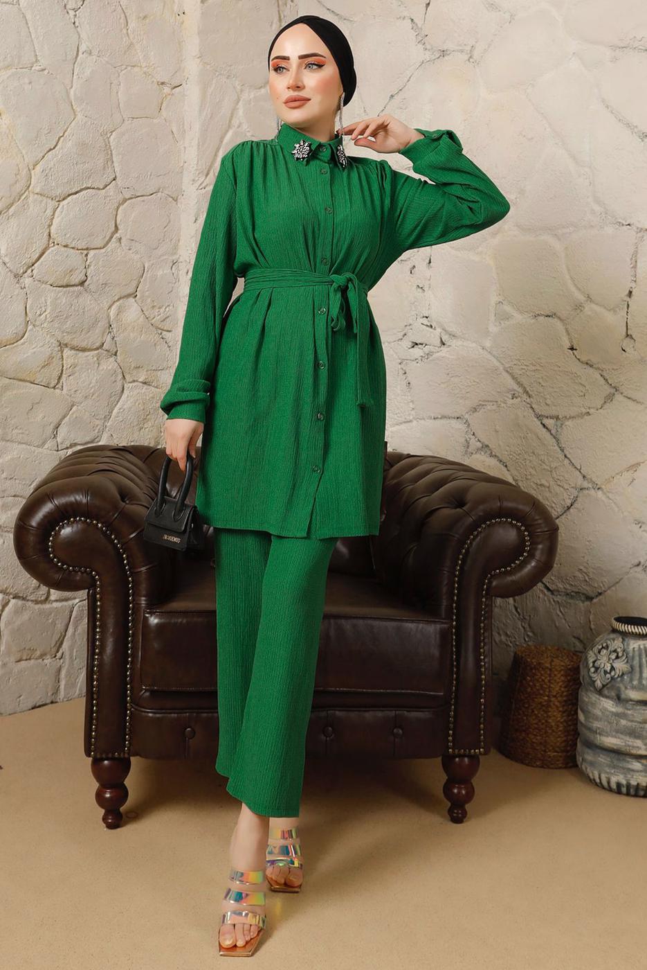 Tesettür giyim YEŞİL YAKASI BROŞLU BÜRÜMCÜK İKİLİ PANTOLONLU TAKIM T 60003