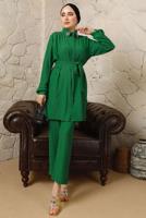 Tesettür giyim YEŞİL YAKASI BROŞLU BÜRÜMCÜK İKİLİ PANTOLONLU TAKIM T 60003